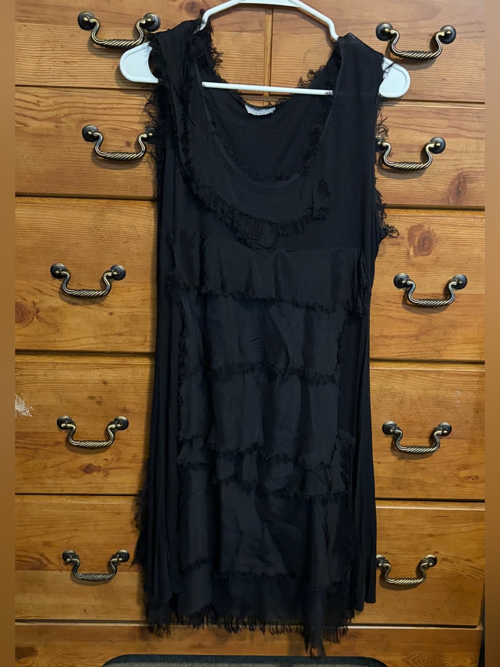 Femme Fatale Italy Black Silk Blend Layered Fringe Midi Dress European Designer